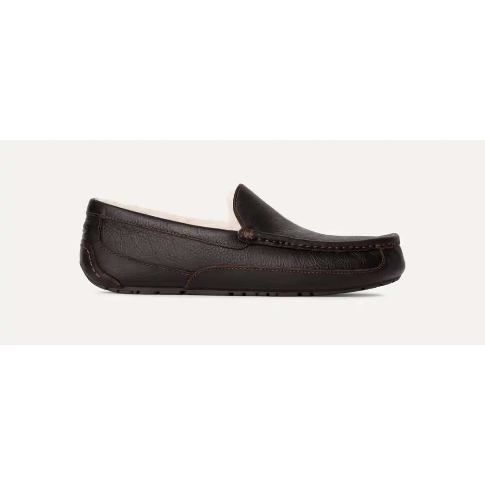 Mens Dark Brown Leather Moccasin Slippers Shearling Lined Comfort Size